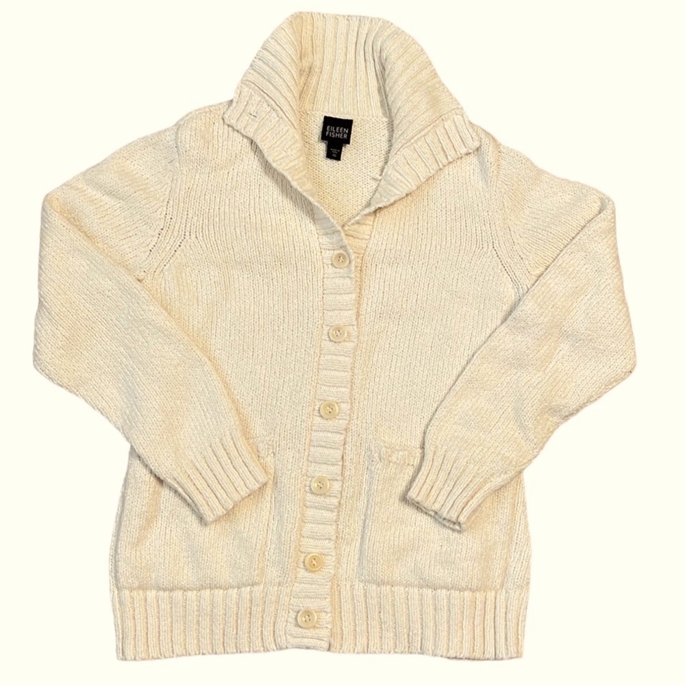 EILEEN FISHER Cardigan Sweater Button Up Cream Organic Cotton Size XS
